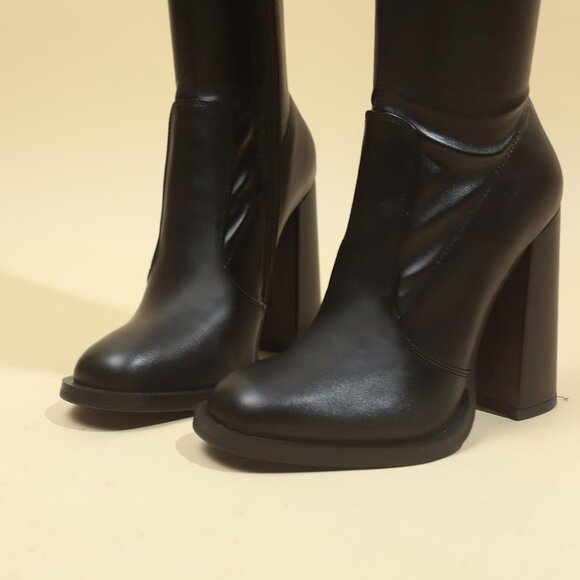 🆕Women Black Leather Over The Knee Thigh High Chunky Heel Pointed Toe Long Boot - Picture 7 of 9